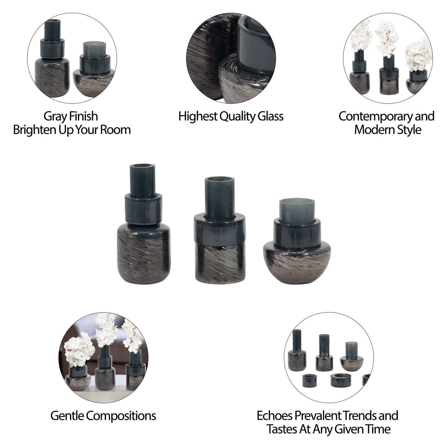 S/3 6/8/9" Eden Gray Glass Vases