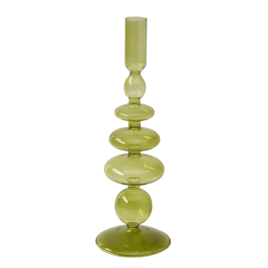20118-21 |11" Vintage Glass Taper Candle Holder, Olive