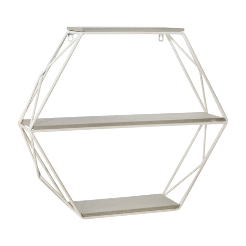 Metal/wood 3 Tier Hexagon Wall Shelf, Gray/white