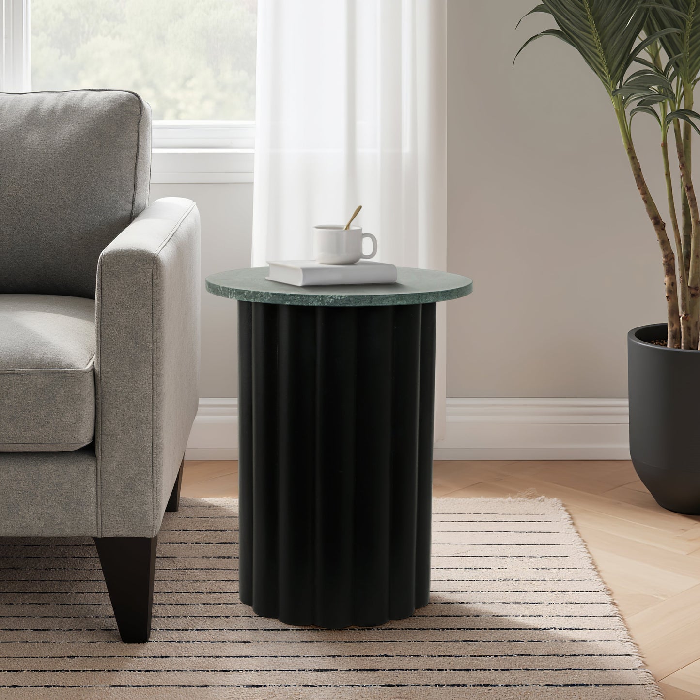 20" Large Ribbed Accent Table Marble Top, Blk/grn