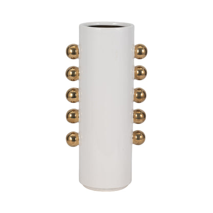 Cer, 16" Vase W/ Side Knobs, White/gold