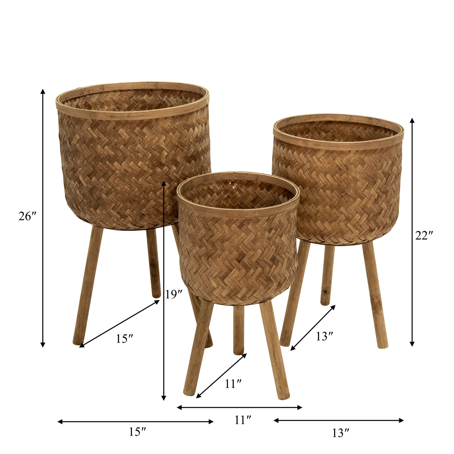 S/3 BAMBOO PLANTERS 11/13/15" BROWN