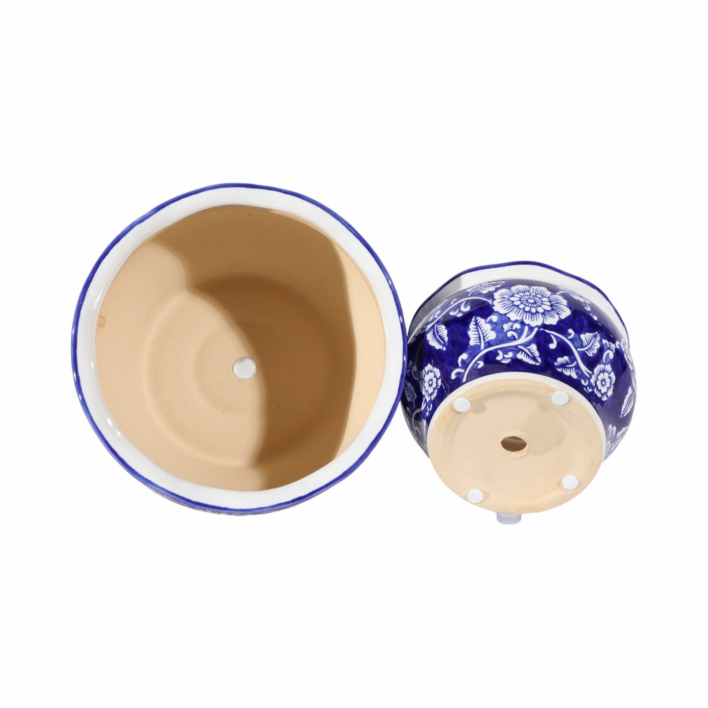 Cer, S/2 6/8" Round Chinoisere Planters, Blue/wht