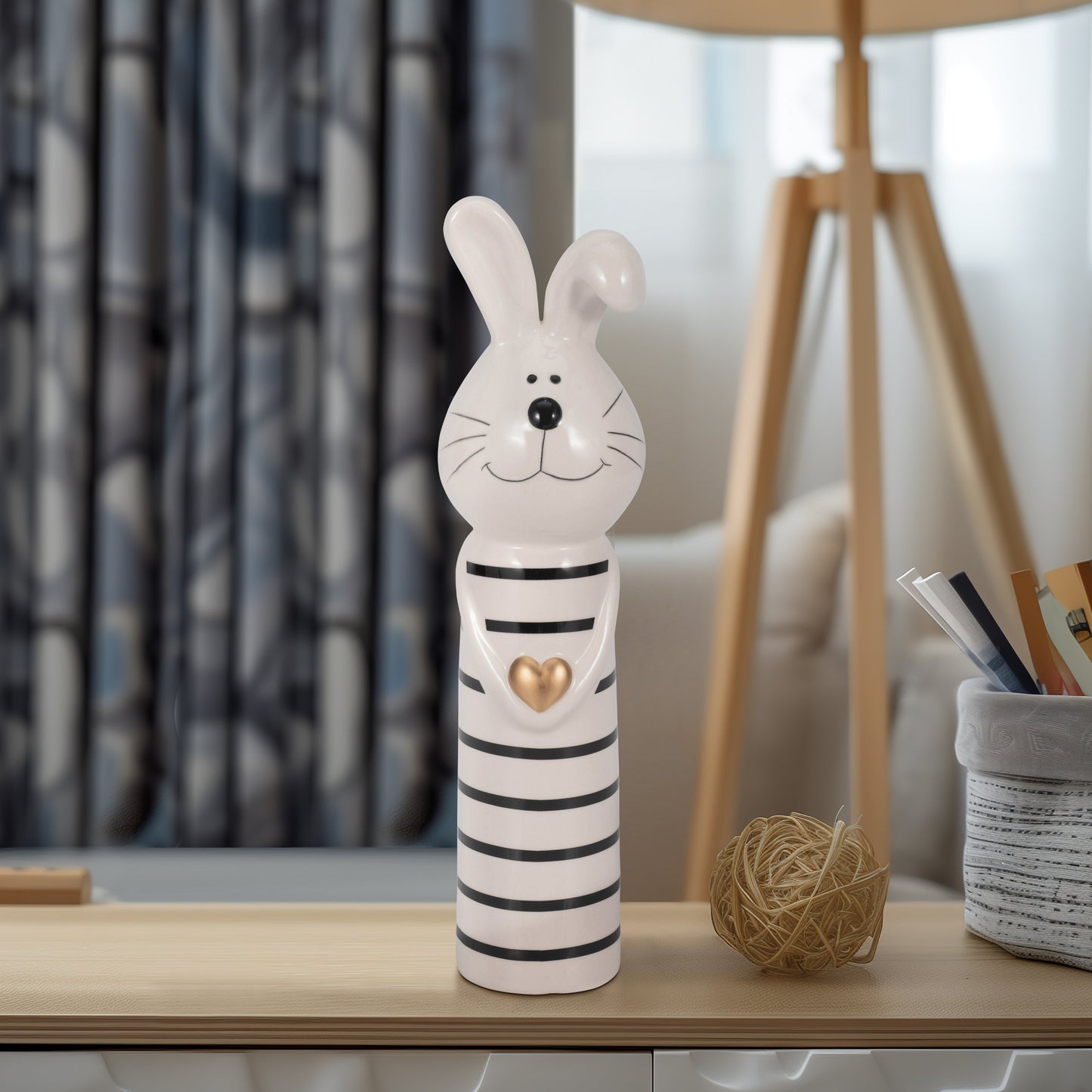 10" Lines Bunny With Gold Heart, White/black