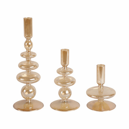 7" Vintage Glass Taper Candle Holder, Gold Luster