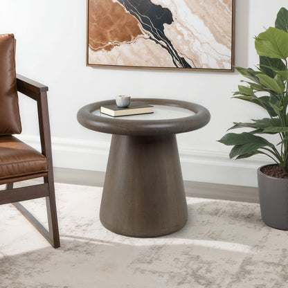 20" Aleena Wood And Marble Accent Table, Brwn