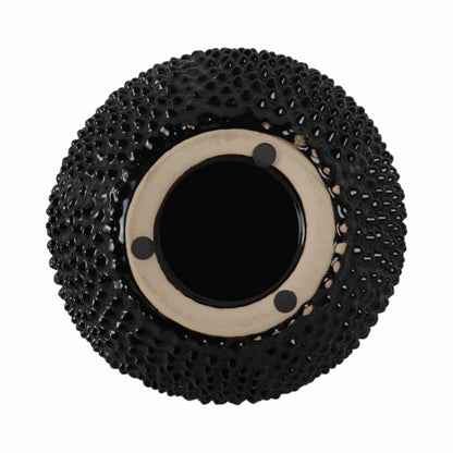 EC, GLOSS BLACK SPIKED CERAMIC VASE 8"