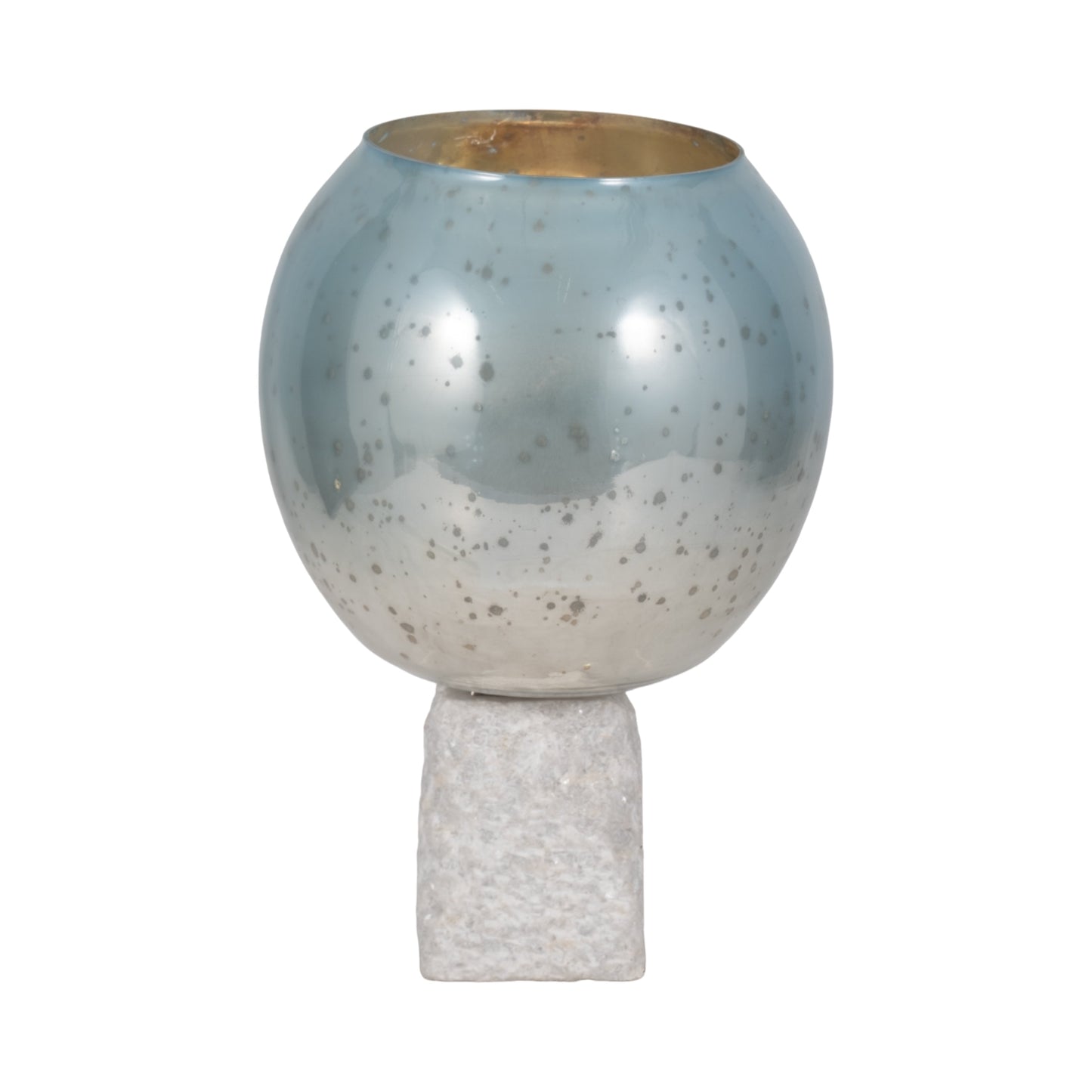 Glass, 15" Bowl Pillar Holder Marble Base, Aqua/wh