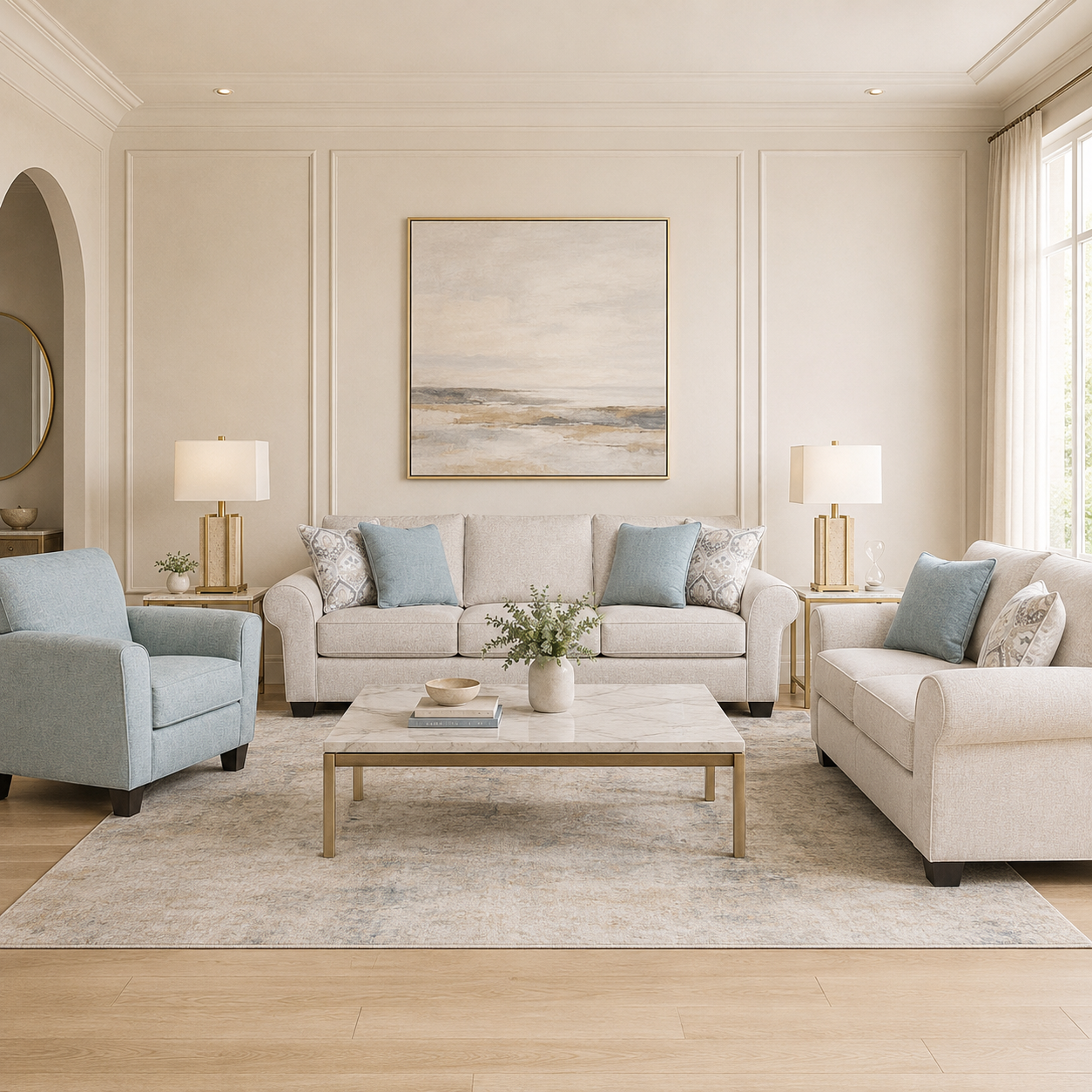 Monumental Sofa Set with 2 Free Stark Cream Travertine Table Lamp