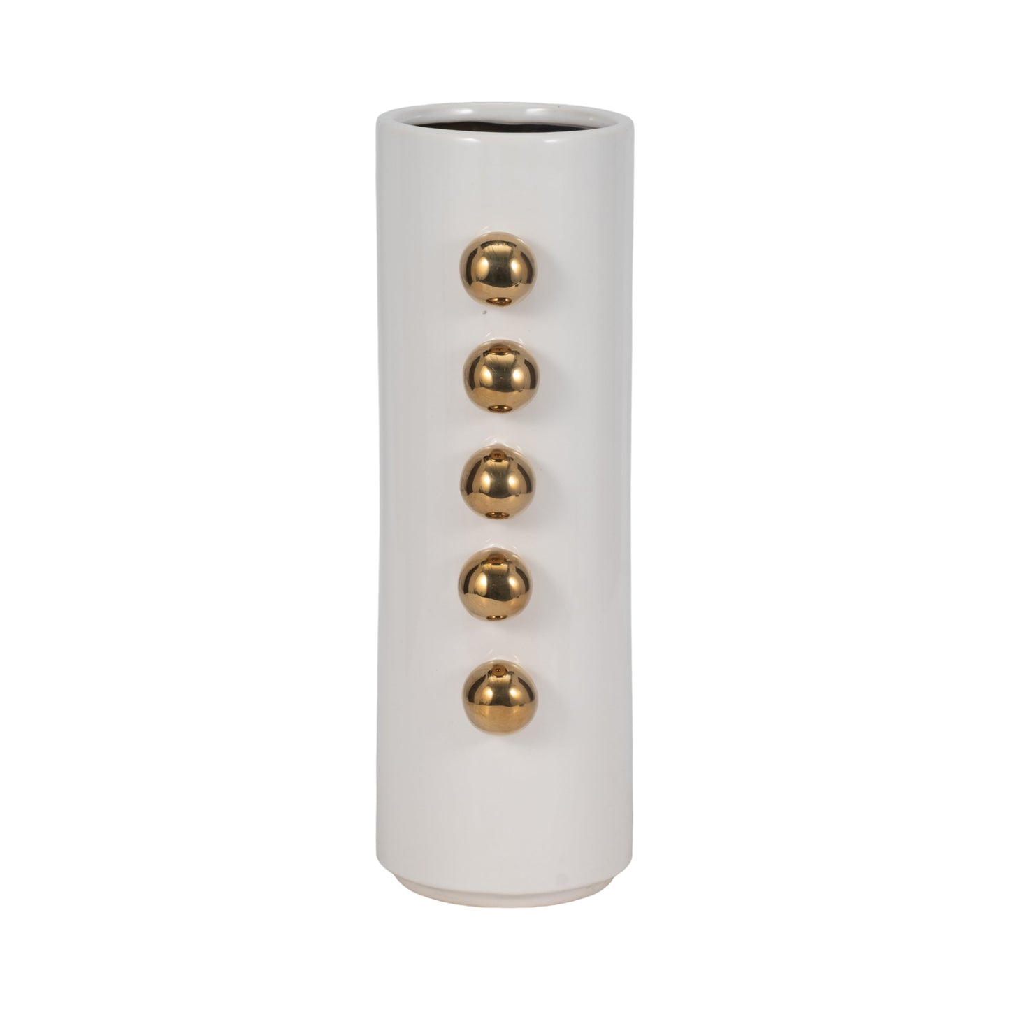 Cer, 16" Vase W/ Side Knobs, White/gold