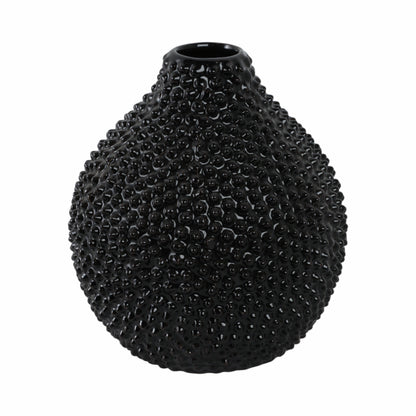 EC, GLOSS BLACK SPIKED CERAMIC VASE 8"