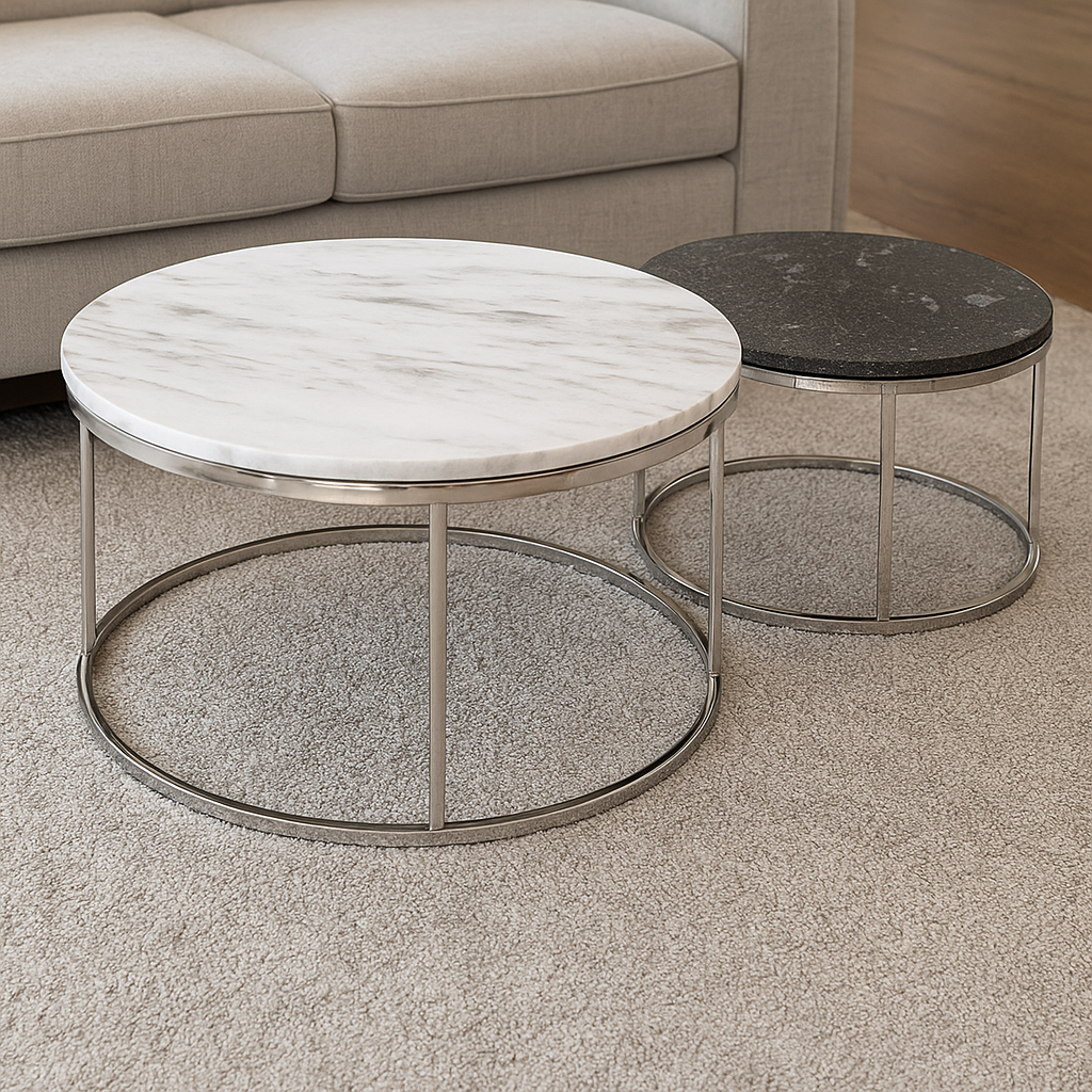 S/2 METAL/MARBLE COFFEE TABLE, SILVER