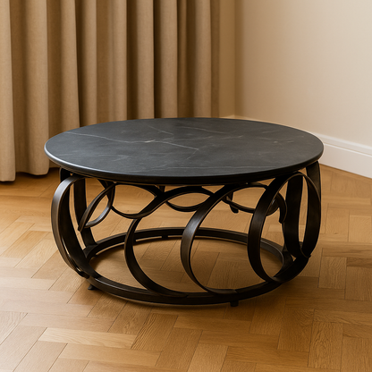 IRON 36" COFFEE TABLE W/MARBLE TOP, BLACK