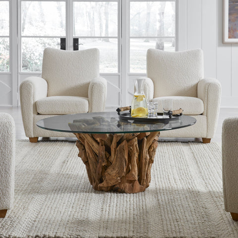 طاولة قهوة كبيرة بسطح زجاجي مصنوعة من خشب طافي من شركة Uttermost