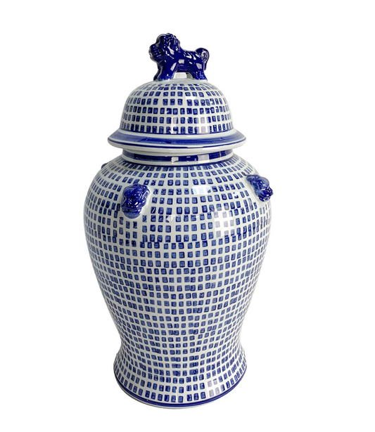 CER, 18"H MOSAIC TEMPLE JAR, BLUE