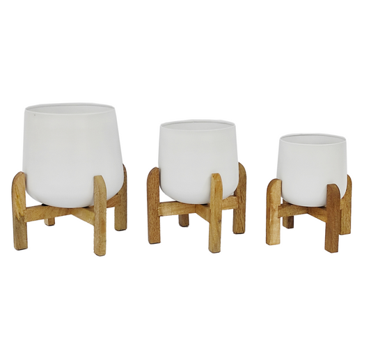 S/3 METAL 9/10/12" PLANTER W/ WOOD STAND, WHITE