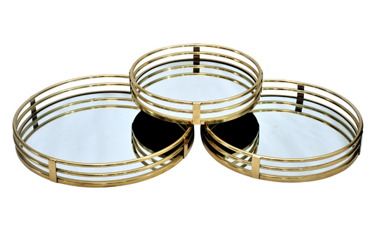 METAL, S/3 14/16/18" ROUND MIRRORED TRAYS, GOLD
