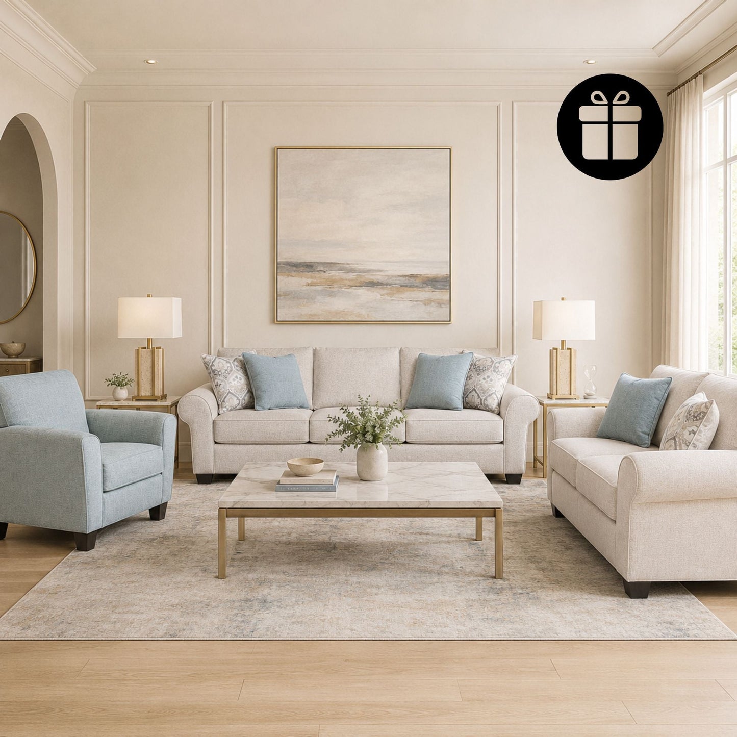 Monumental Sofa Set with 2 Free Stark Cream Travertine Table Lamp