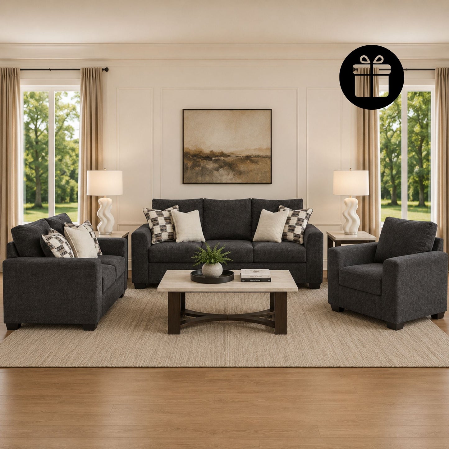 Loreo Sofa Set with 2 Free 28" LOVELL QUARTZ RESIN TABLE LAMP