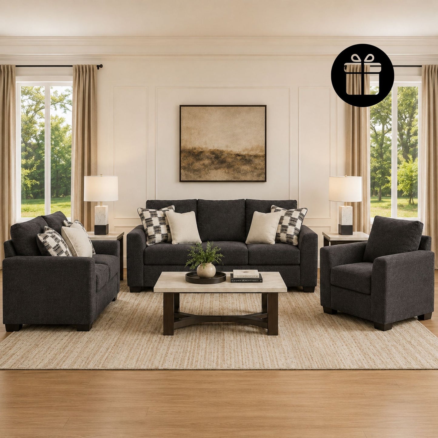 Loreo Sofa Set with 2 Free Dual Table Lamp (Black)