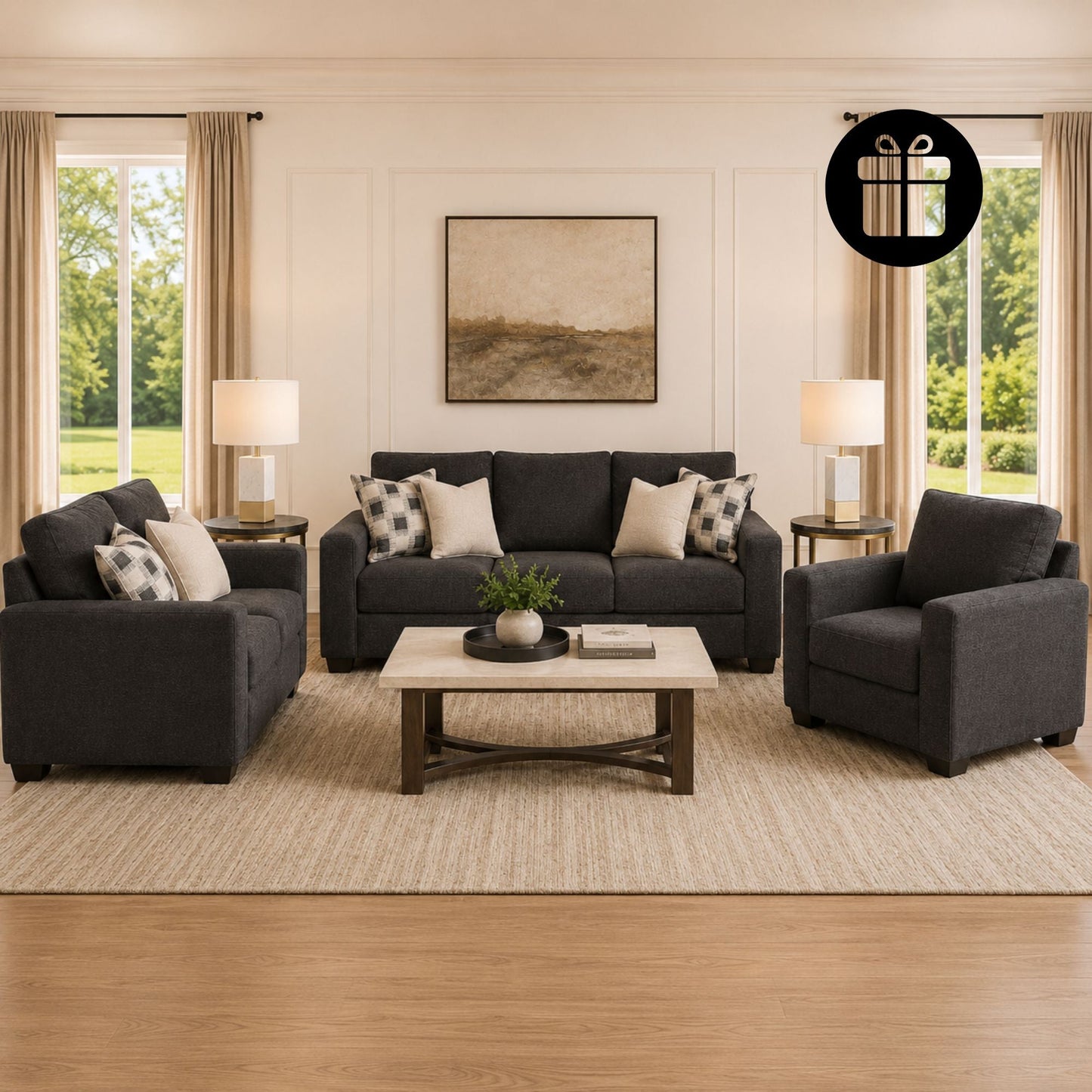 Loreo Sofa Set with 2 Free Dual Table Lamp (Silver)