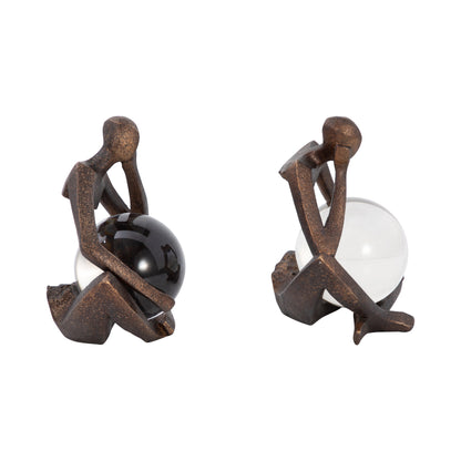 S/2 8" Aracar Statuary With Crystal Sphere, Bronze