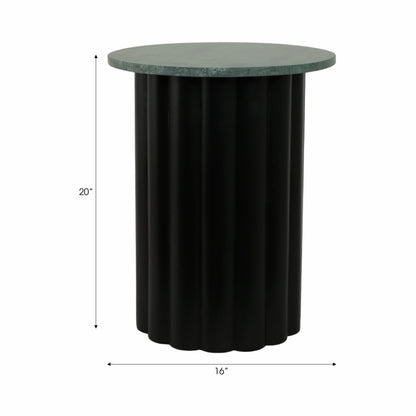 20" Large Ribbed Accent Table Marble Top, Blk/grn