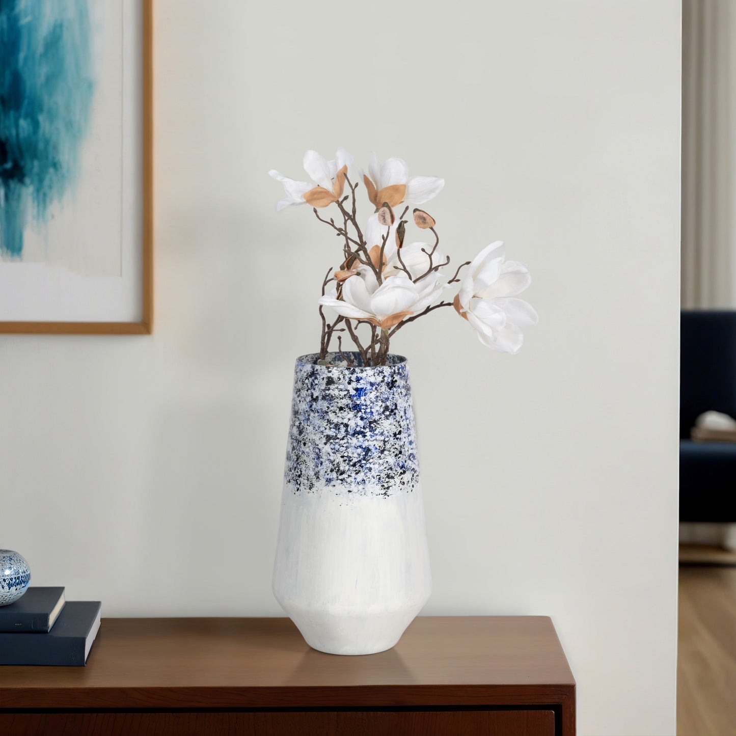 16" Tapered Bottom Vase Arctic Finish, White/blue