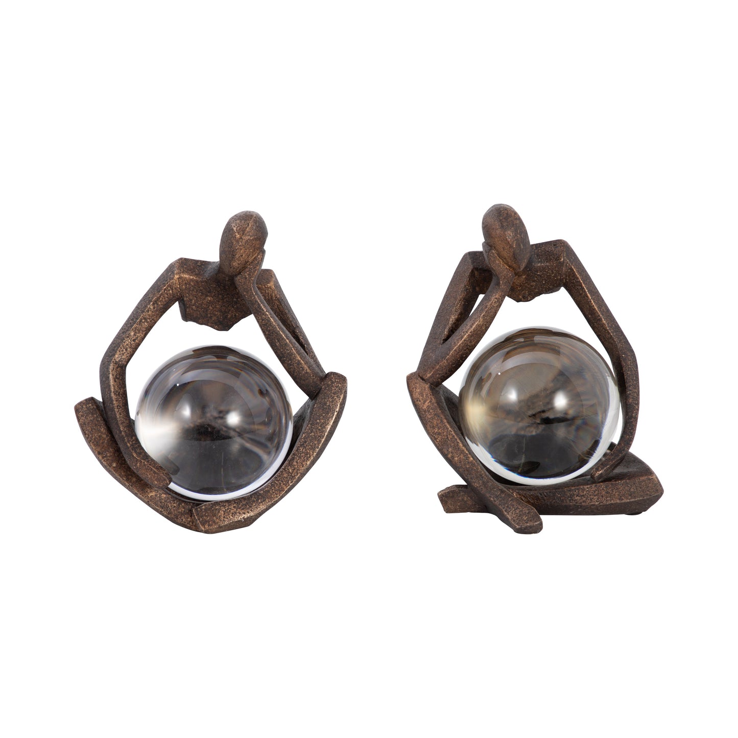 S/2 8" Aracar Statuary With Crystal Sphere, Bronze