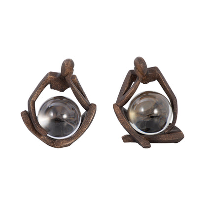 S/2 8" Aracar Statuary With Crystal Sphere, Bronze