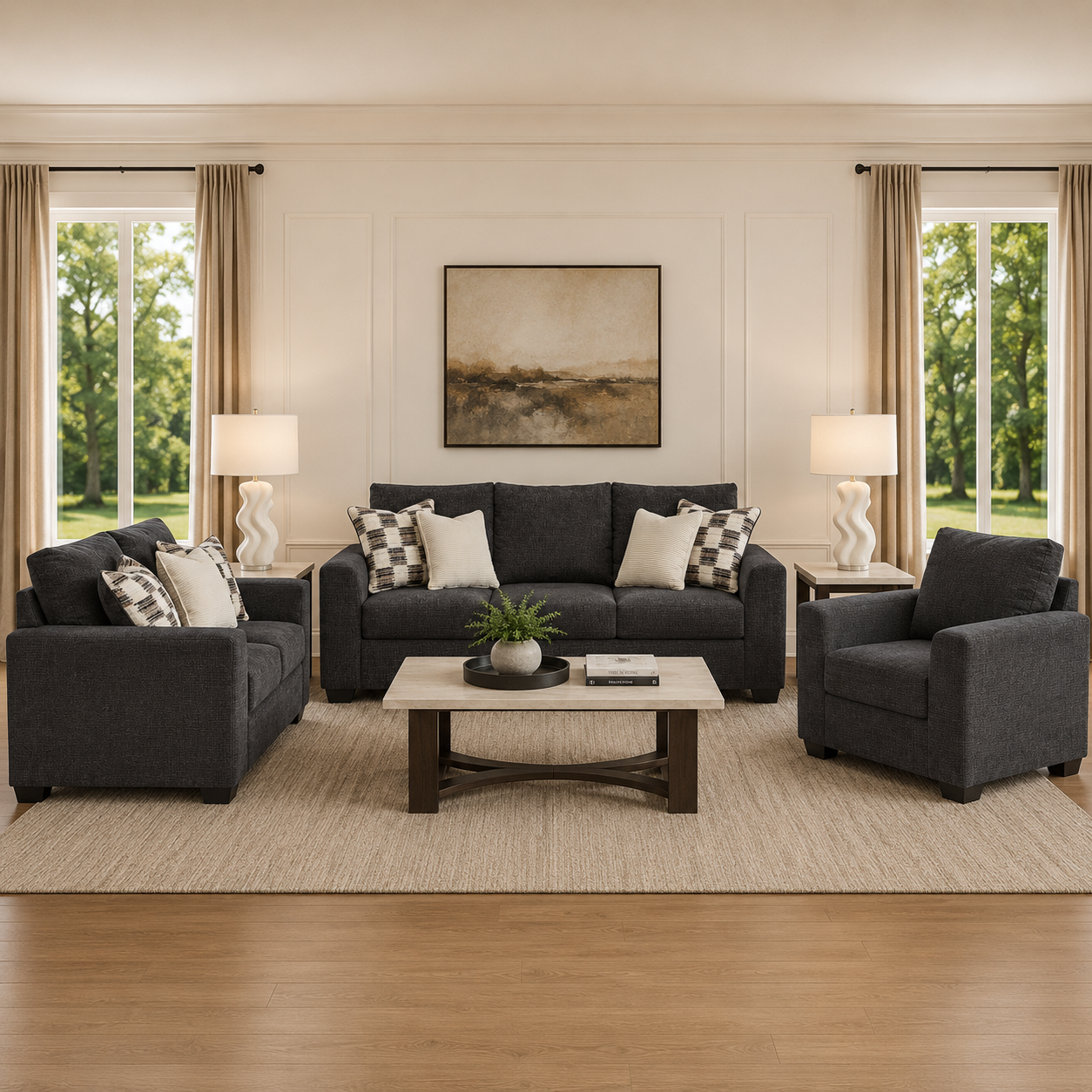 Loreo Sofa Set with 2 Free 28" LOVELL QUARTZ RESIN TABLE LAMP