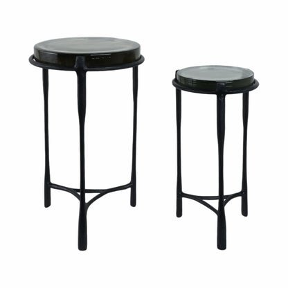 S/2 26" Adonia Gunmetal Recycled Glass Accent Tabl