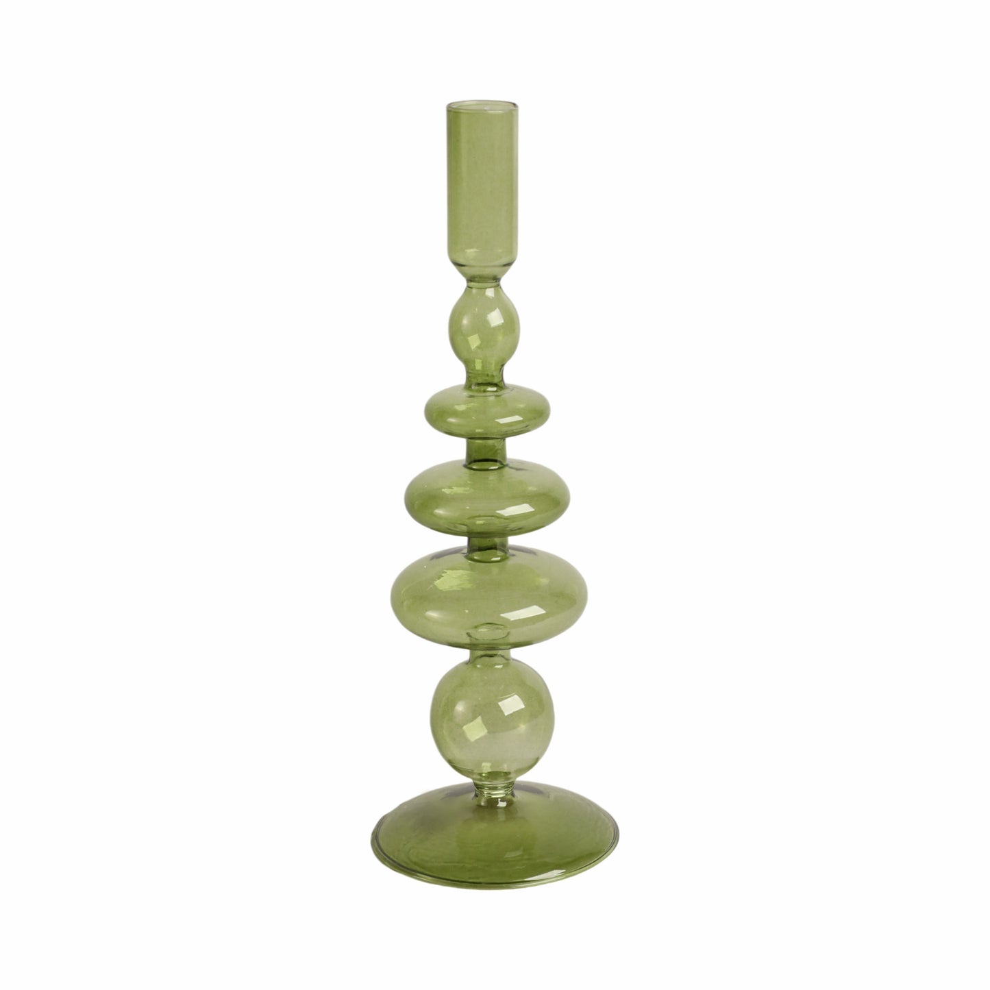 20118-21 |11" Vintage Glass Taper Candle Holder, Olive