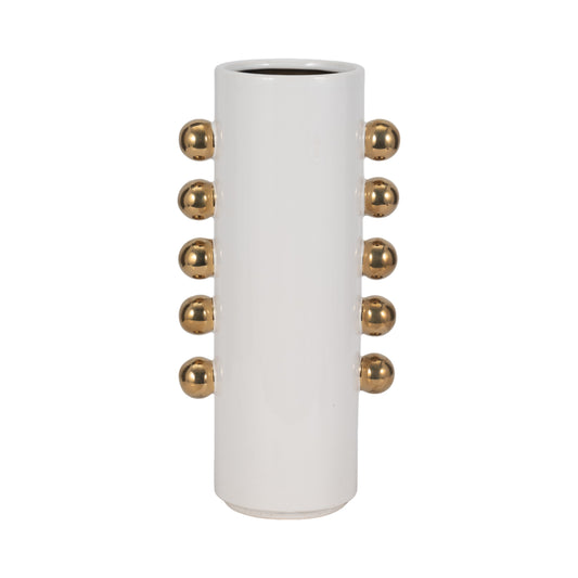 Cer, 16" Vase W/ Side Knobs, White/gold