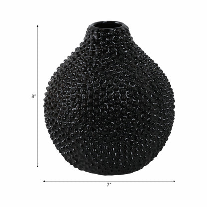 EC, GLOSS BLACK SPIKED CERAMIC VASE 8"