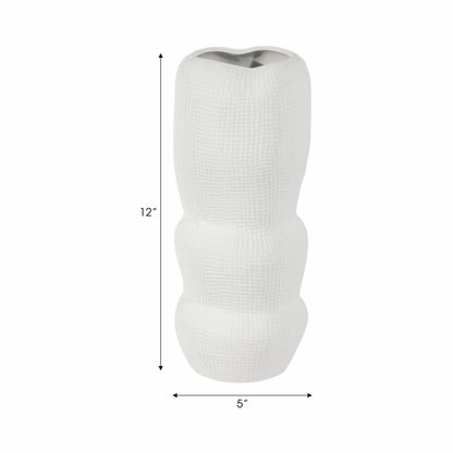 Cer, 12" Waffle Texture Organic Vase, White
