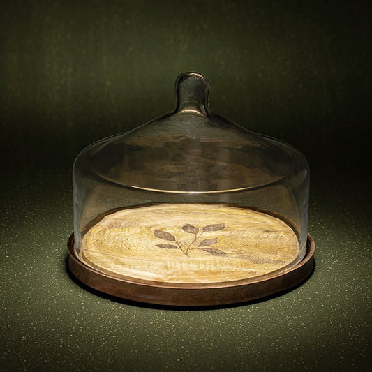 Leaf Glass Cloche With Wooden Base