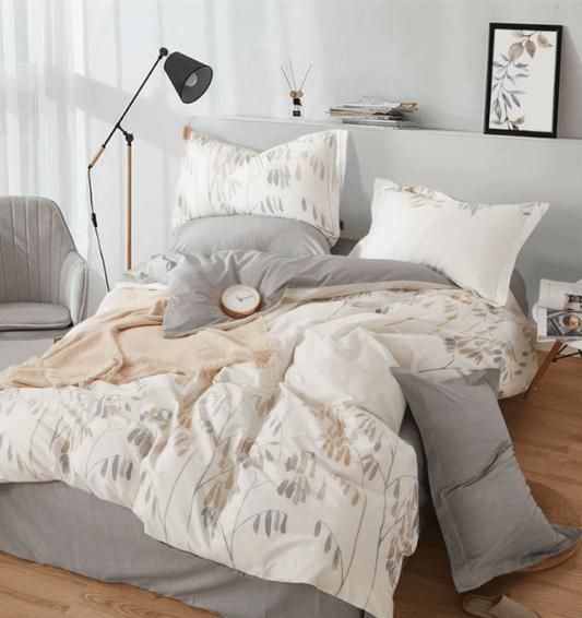 Leaf Pattern Cream & Grey Bedding Set-KING