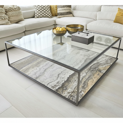 Floating Plane Cocktail Table - Travertine/Bronze, 2 Cartons