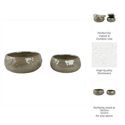 S/2 10/12" IRIDESCENT BOWL PLANTERS, GREEN