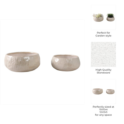 S/2 10/12" IRIDESCENT BOWL PLANTERS, WHITE