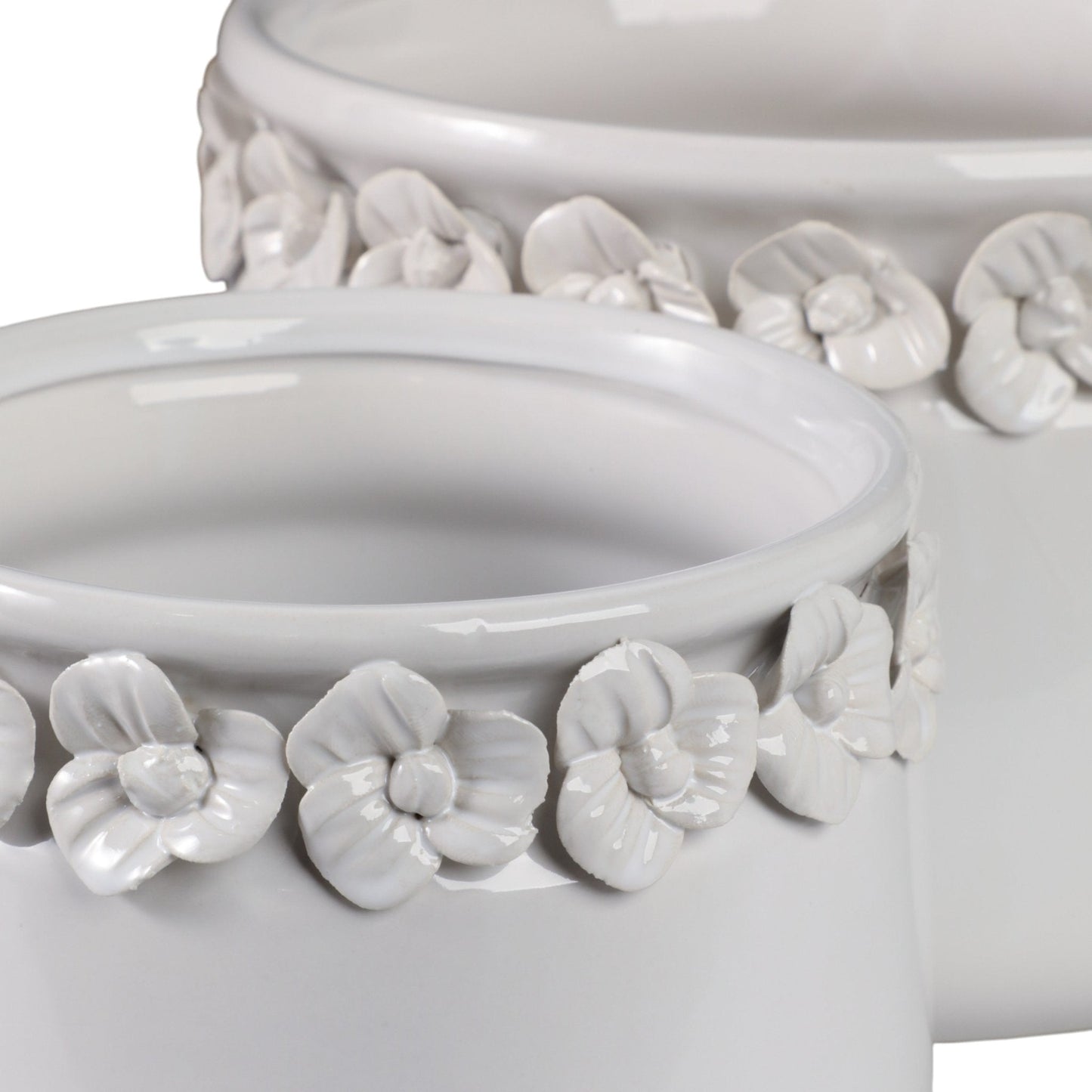 S/2 7/10" FLORAL APPLIQUE PLANTER, WHITE