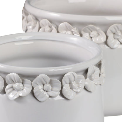S/2 7/10" FLORAL APPLIQUE PLANTER, WHITE