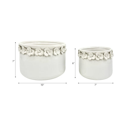S/2 7/10" FLORAL APPLIQUE PLANTER, WHITE