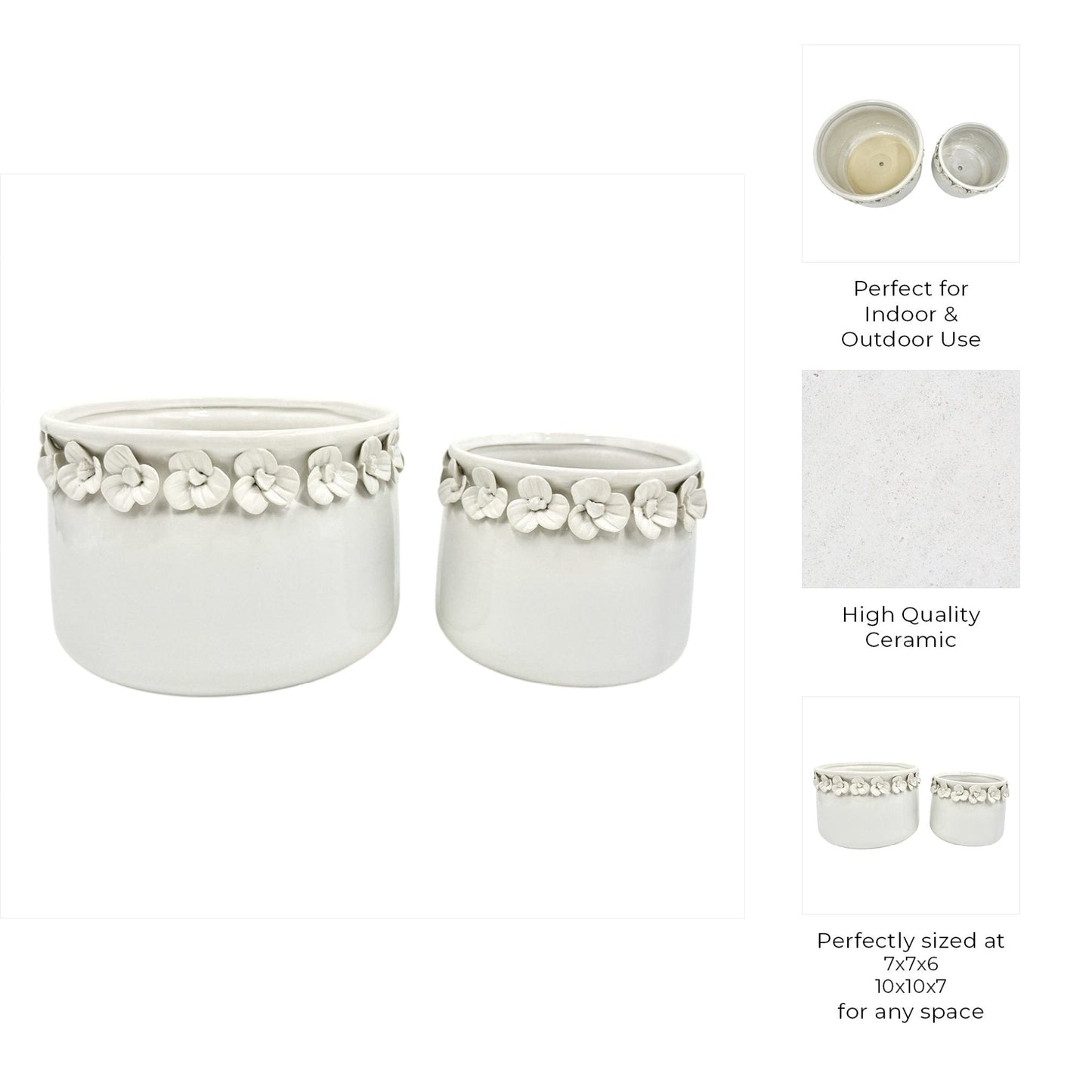 S/2 7/10" FLORAL APPLIQUE PLANTER, WHITE