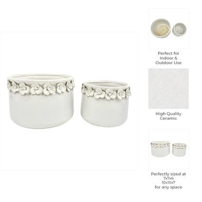 S/2 7/10" FLORAL APPLIQUE PLANTER, WHITE