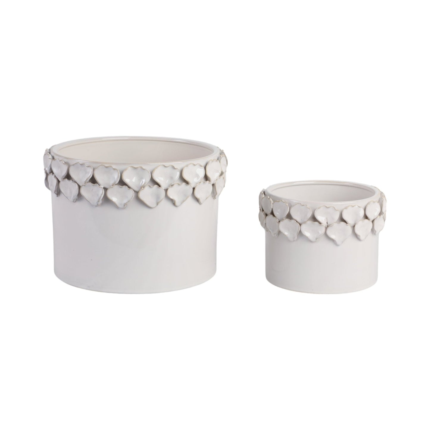 S/2 7/11" FLOWER PETAL APPLIQUE PLANTERS, WHITE