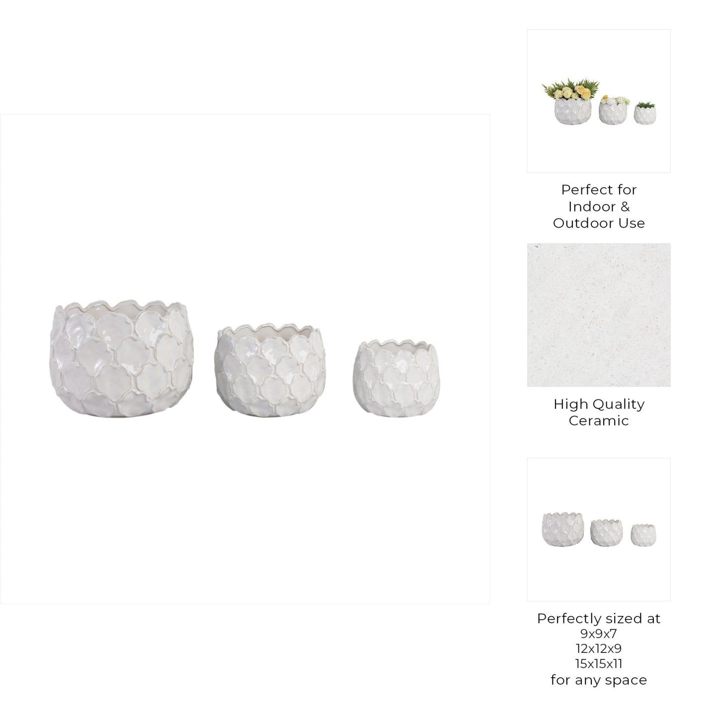 S/3 9/12/15" CLOUDY PETAL PLANTERS, WHITE