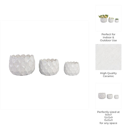 S/3 9/12/15" CLOUDY PETAL PLANTERS, WHITE