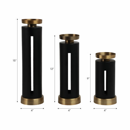 S/3 9/12/15" Hibbing Black And Gold Candlesticks